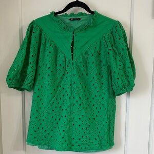 Green Eyelet Button-Front Blouse with Ruffled Collar